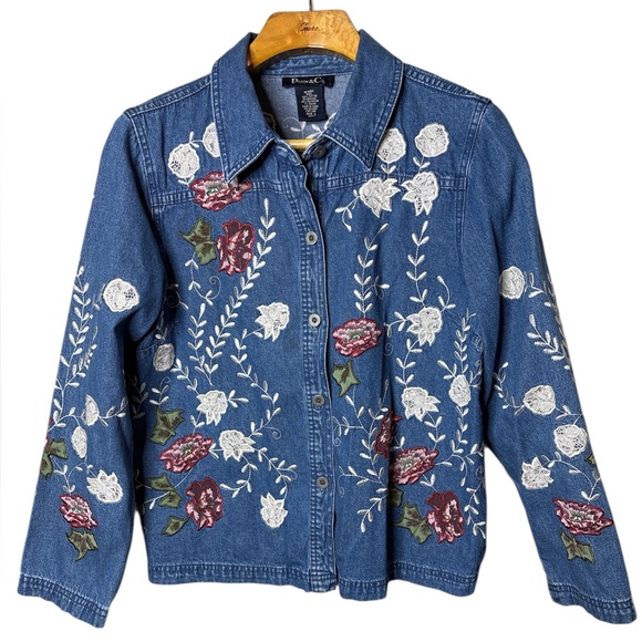 Denim&Co Jackets & Blazers - Denim & Co Embroidered Blue Jacket Floral Patch Women’s L Button Front Artsy